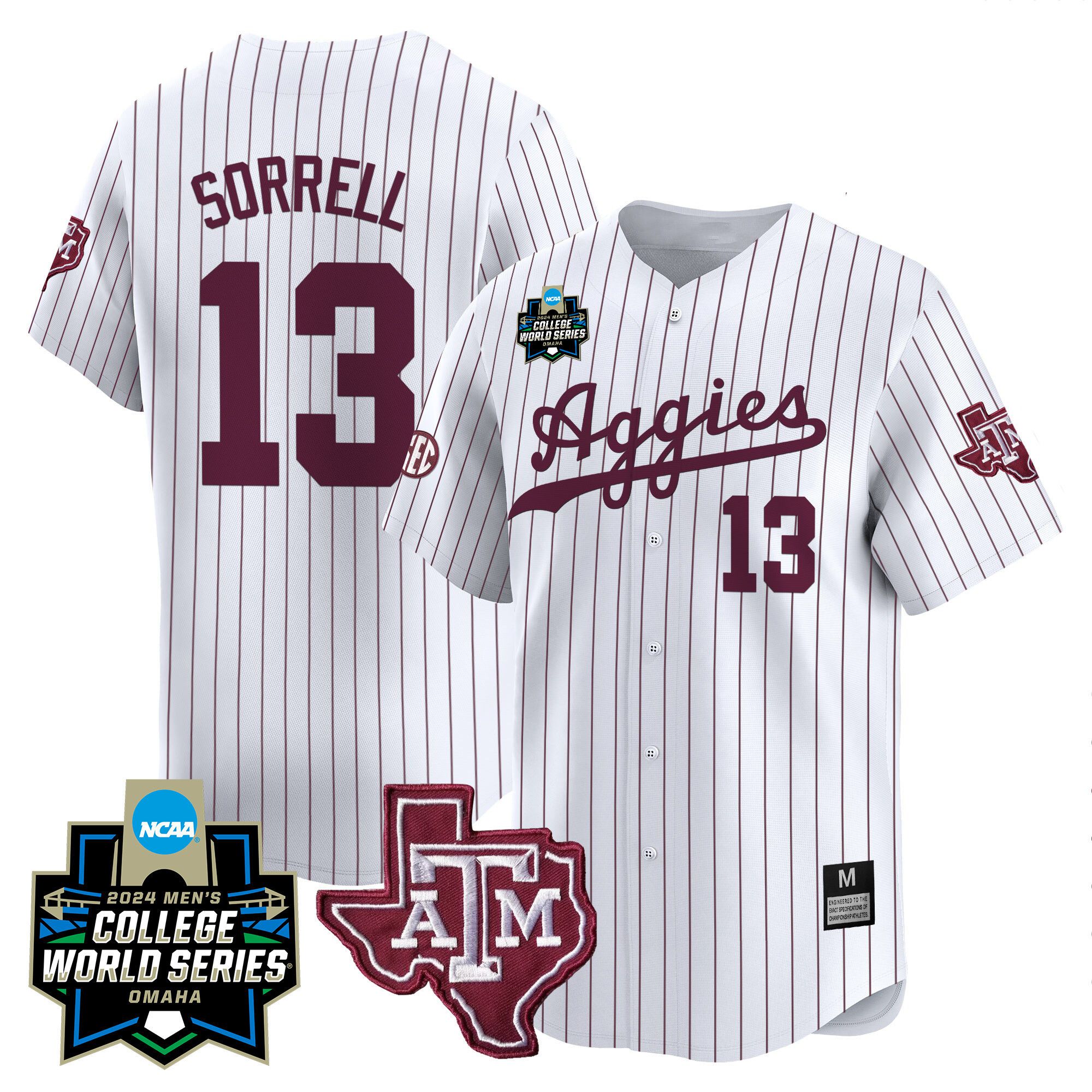 Men Texas A&M Aggies #13 Sorrell White Stripe 2024 College World Series Vapor Premier Limited NCAA Jersey